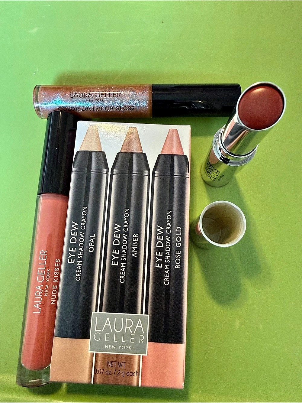 Laura Geller Eye Dew Cream Shadow Crayon 3-Piece Eyeshadow Crayon Set, Lip Gloss